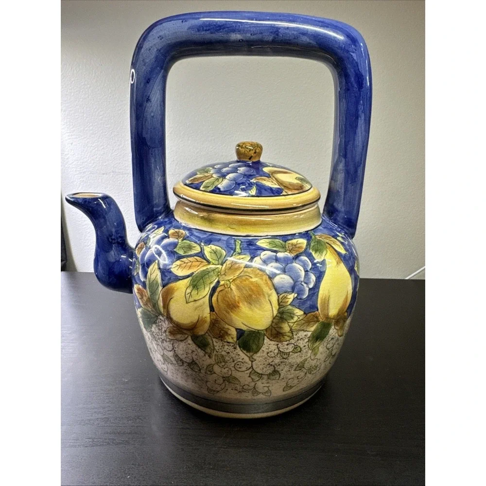 Lg Vtg Ceramic Pottery Teapot With‎ Lid Colorful Cobalt Blue Yellow Pears